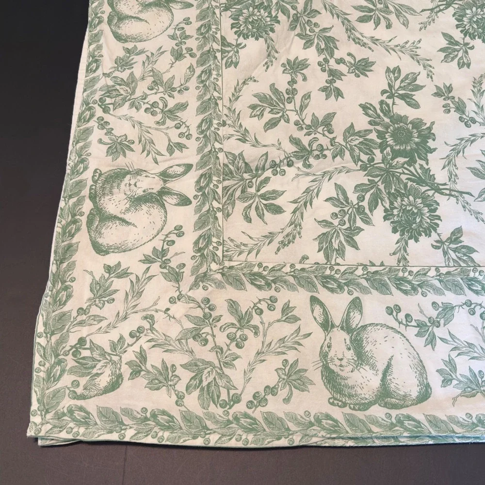 April Cornell Tablecloth Rabbit Toile Print 58x78 Green White Easter Cottagecore
